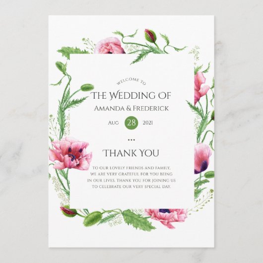 Waterverf Pink Poppies Wedding Programmakaart (Voorkant)