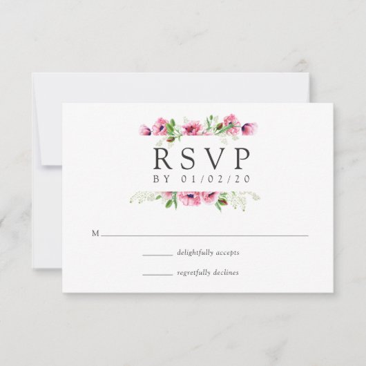 Waterverf Pink Poppies Wedding RSVP Kaartje (Voorkant)