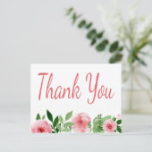 Waterverf Pink Rose Floral Dank u Briefkaart (Staand voorkant)