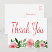 Waterverf Pink Rose Floral Dank u Briefkaart (Voorkant / Achterkant)