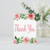 Waterverf Pink Rose Floral Dank u Briefkaart (Staand voorkant)