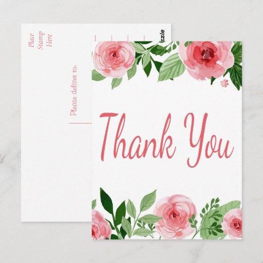 Waterverf Pink Rose Floral Dank u Briefkaart (Voorkant / Achterkant)