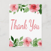 Waterverf Pink Rose Floral Dank u Briefkaart (Voorkant)