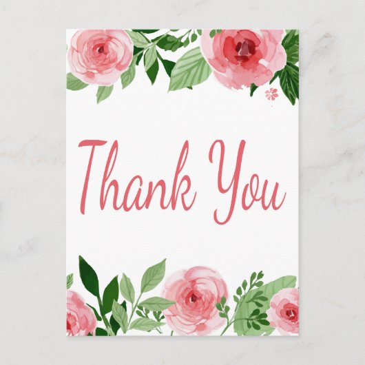 Waterverf Pink Rose Floral Dank u Briefkaart (Voorkant)