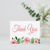 Waterverf Pink Rose Floral Dank u Briefkaart (Staand voorkant)