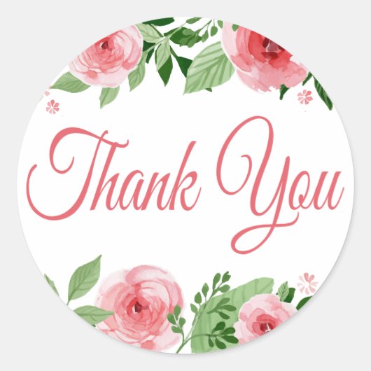 Waterverf Pink Rose Floral Dank u Ronde Sticker (Voorkant)
