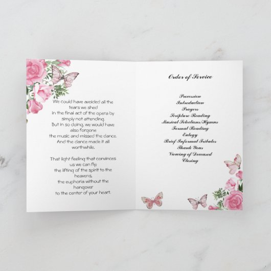 Waterverf Pink Roses & Butterfly Uitvaartprogramma Programma (Binnen)