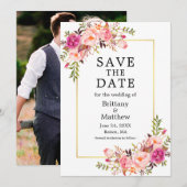 Waterverf Pink Roses Photo Gold Bewaar de datum Save The Date (Voorkant / Achterkant)