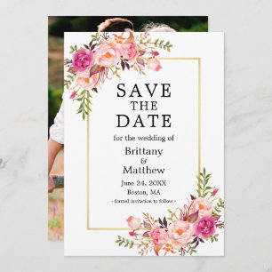 Waterverf Pink Roses Photo Gold Bewaar de datum Save The Date