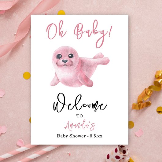 Waterverf Pink Seal Baby shower Poster