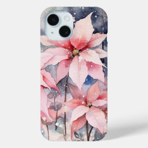 Waterverf Pink Snowy Poinsettia Flowers iPhone 15 Case