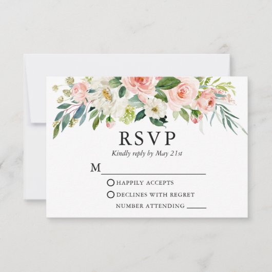 Waterverf Pink White Floral Elegant RSVP Kaartje (Voorkant)