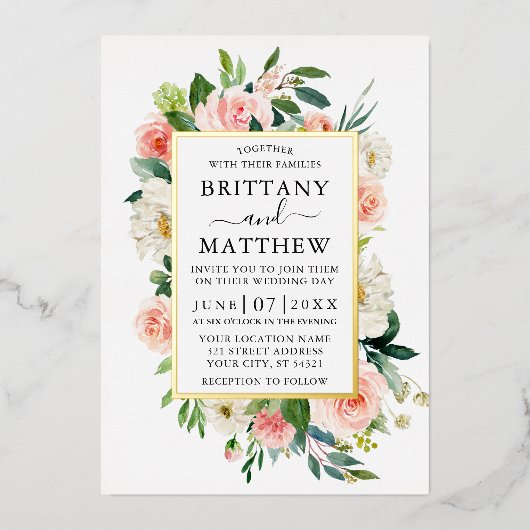 Waterverf Pink White Floral Gold Folie Uitnodiging (Voorkant)