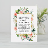 Waterverf Pink White Floral Gold Folie Uitnodiging (Staand Voorkant)