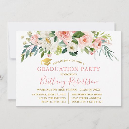 Waterverf Pink White Floral Gold Graduation Party Kaart (Voorkant)