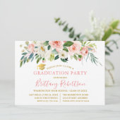 Waterverf Pink White Floral Gold Graduation Party Kaart (Staand voorkant)