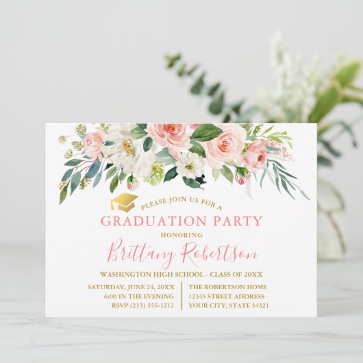 Waterverf Pink White Floral Gold Graduation Party Kaart (Staand voorkant)
