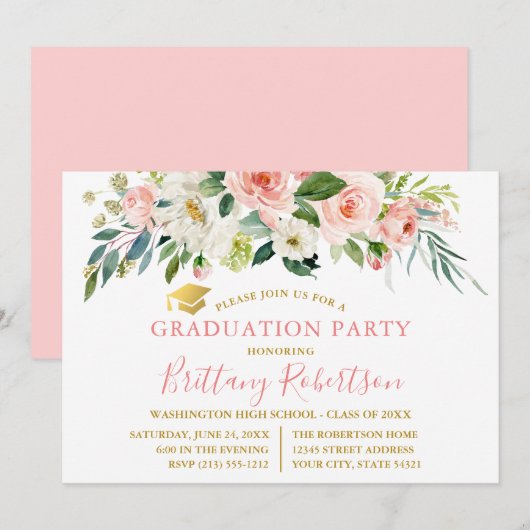 Waterverf Pink White Floral Gold Graduation Party Kaart (Voorkant / Achterkant)