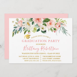 Waterverf Pink White Floral Gold Graduation Party Kaart