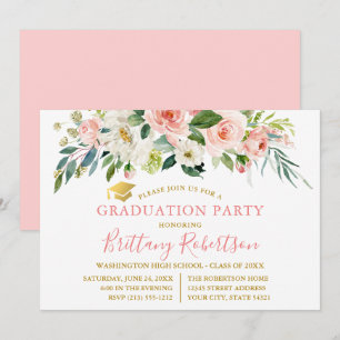 Waterverf Pink White Floral Gold Graduation Party Kaart