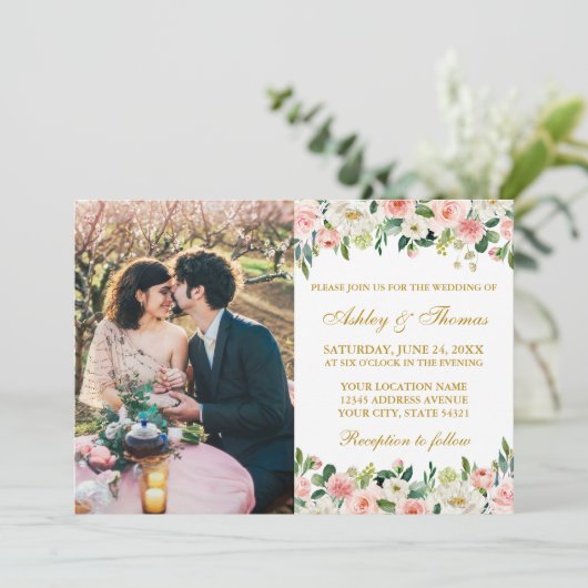 Waterverf Pink White Floral Gold Photo Weddenschap Kaart (Staand voorkant)