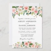 Waterverf Pink White Floral Greenery Wedding Kaart (Voorkant)