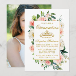 Waterverf Pink White Floral Quinceanera Foto Kaart