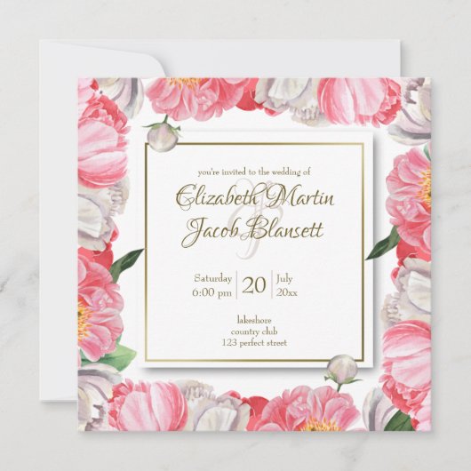 Waterverf Pink & White Peonies Floral Wedding Kaart (Voorkant)