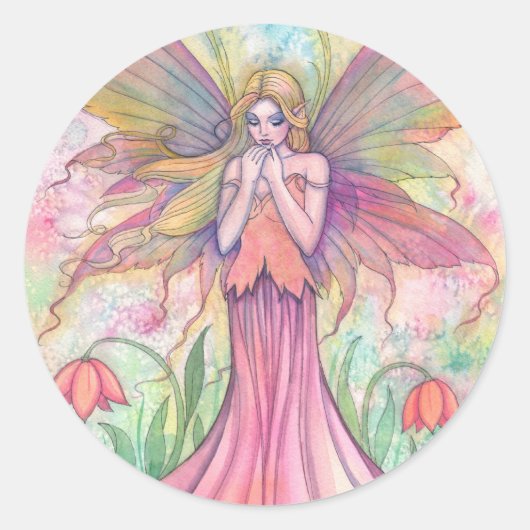 Waterverf PInk Wildflower Fairy Fantasy Kunst Ronde Sticker (Voorkant)