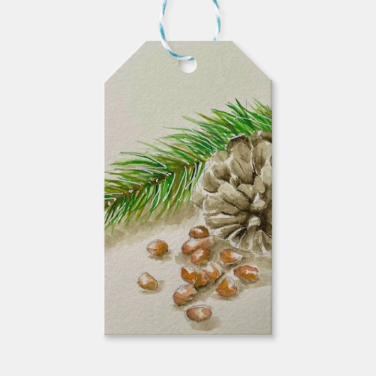 Waterverf Pinõnnoten Pinecone New Mexico Cadeaulabel (Voorkant)