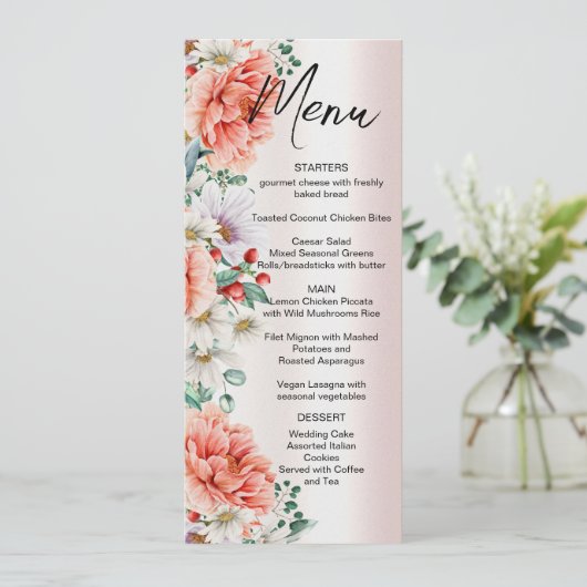 Waterverf Pioen Bloem Bruiloft Menu (Staand voorkant)