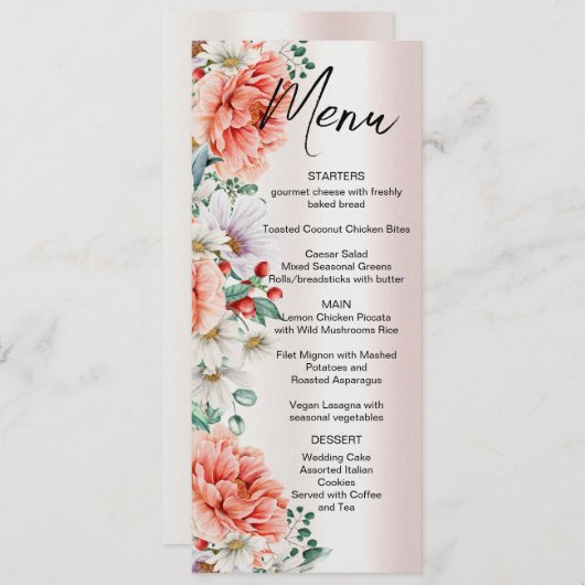 Waterverf Pioen Bloem Bruiloft Menu (Voorkant / Achterkant)