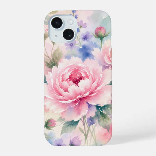 Waterverf Pioen Bloem iPhone 15 Case (Achterkant)