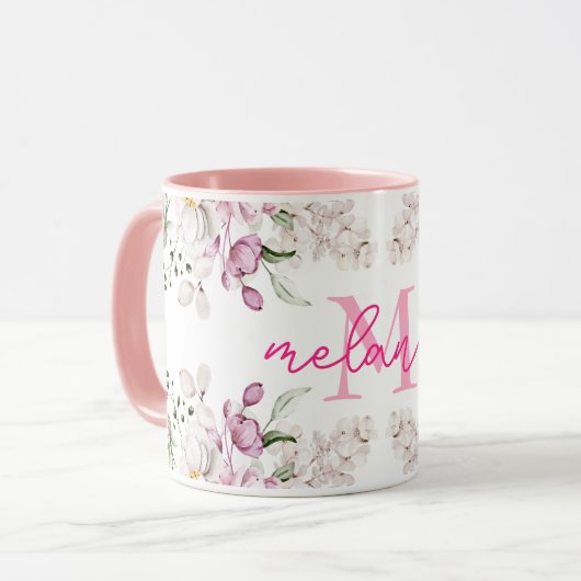 Waterverf Pioen Bloem Roze Pioenen Naam Monogram Mok (Voorkant links)