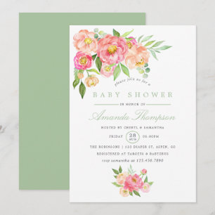 Waterverf Pioen bloemen Baby Shower uitnodiging