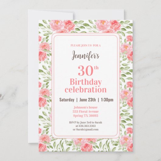 Waterverf Pioen Bloemen Roze Peach 30e Verjaardag Kaart (Voorkant)