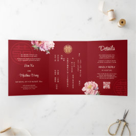 Waterverf Pioen | Foto Chinese bruiloft Drieluik Uitnodiging