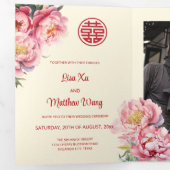 Waterverf Pioen | Foto Chinese bruiloft Drieluik Uitnodiging (Binnenzijde eerst)