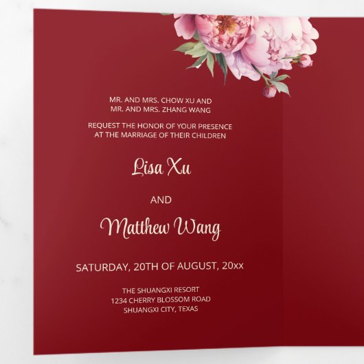 Waterverf Pioen | Foto Chinese bruiloft Drieluik Uitnodiging (Binnenzijde eerst)