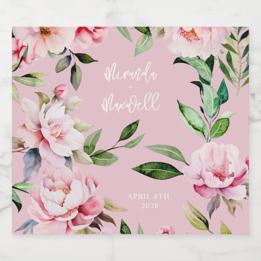 Waterverf Pioen Magnolia Bruiloft Roze Sparkling Wijnetiket (Enkel label)