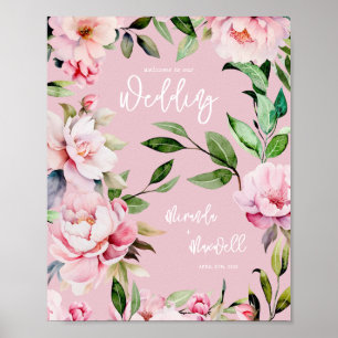 Waterverf Pioen Magnolia Bruiloft Welkom Roze Poster