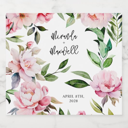 Waterverf Pioen Magnolia Roze Bruiloft Sparkling Wijnetiket (Enkel label)