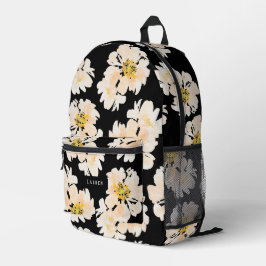 Waterverf pioenbloemen op zwart bloemmotief bedrukte rugzak