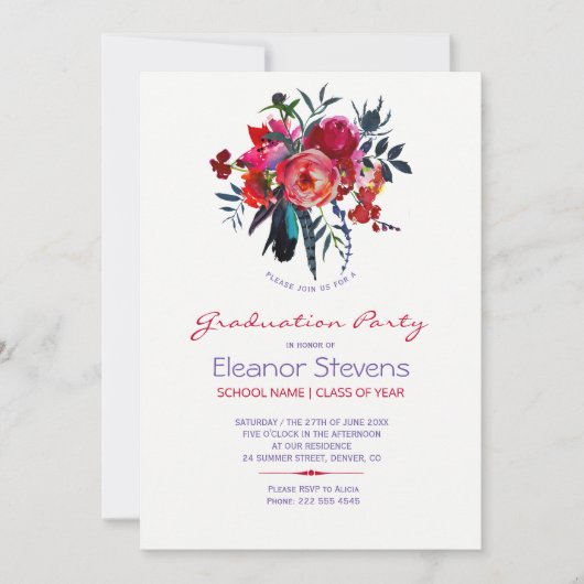 Waterverf pioenen afstudeerfeest uitnodiging (Voorkant)