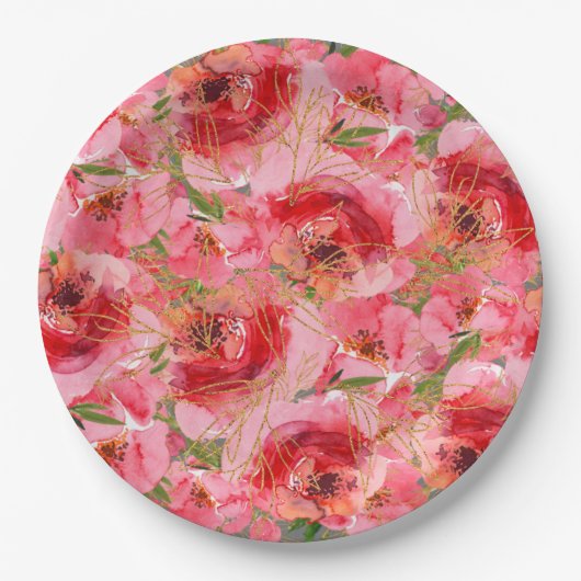 Waterverf Pioenen Bloemen Vrijgezellenfeest Papieren Bordje (Voorkant)