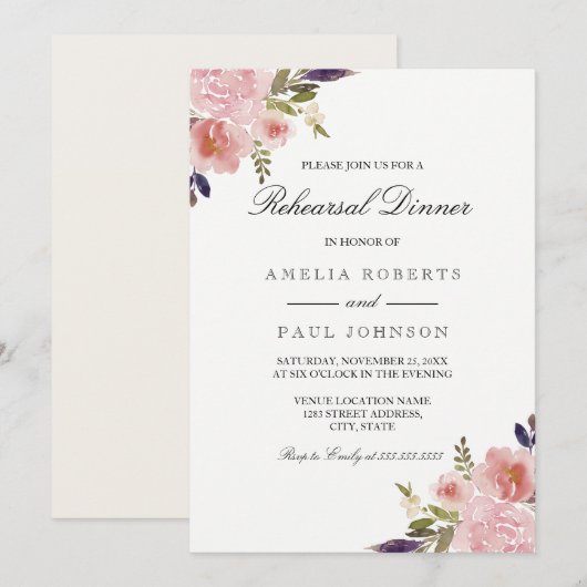 Waterverf pioenen bruiloft repetitie Diner Uitnodi Kaart (Voorkant / Achterkant)