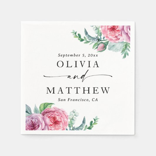 Waterverf pioenen. Elegante boho bloemenbruiloft Servet (Voorkant)