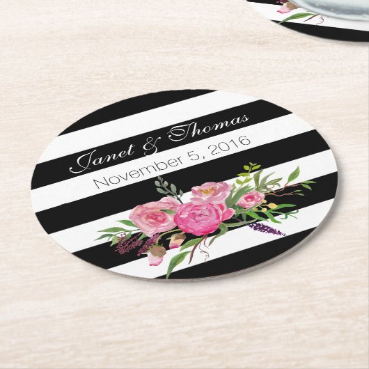 Waterverf Pioenen en strepen Bruiloft Onderzetters (Gebogen)