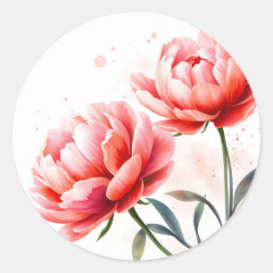 Waterverf pioenen in koraal en blos ronde sticker