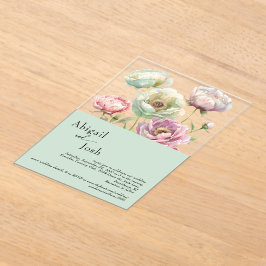  Waterverf Pioenen Sage Wedding Acryl Uitnodigingen